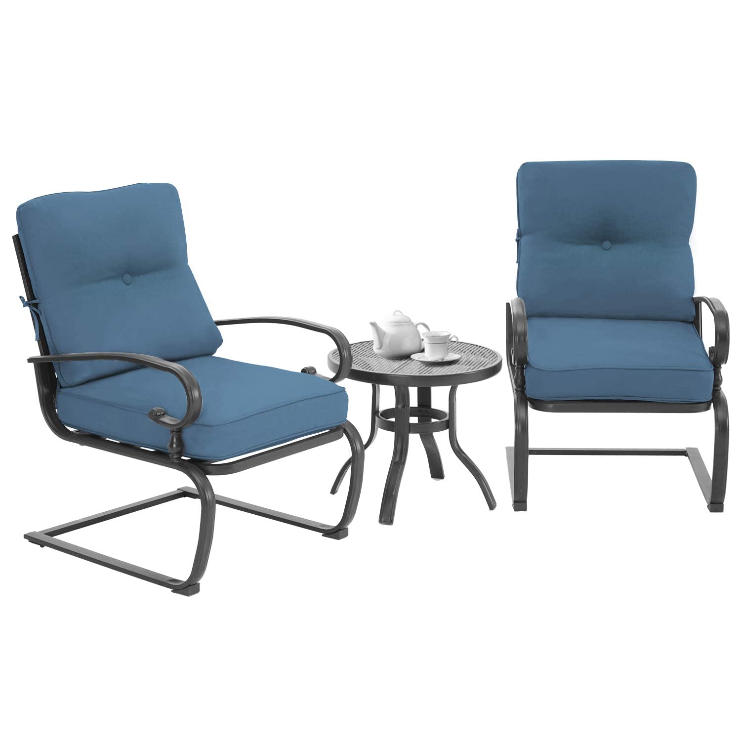 SUNCROWN 3-Piece Outdoor Patio Bistro Set Spring Motion Chairs and Round Cafe Table, Steel Frame Conversation Furniture Set with Cushions - Peacock Blue