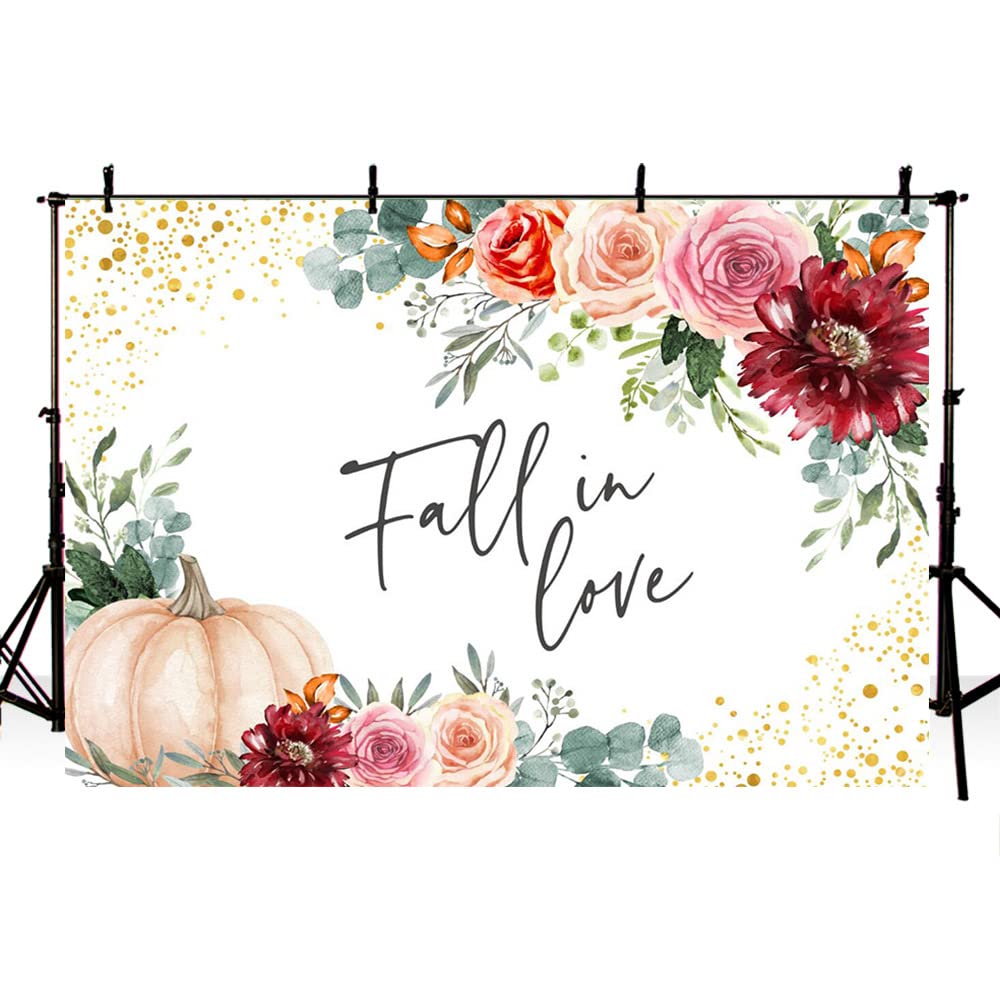 Sendy 7x5ft Fall in Love Backdrop Autumn Pumpkin Flowers Photography Background Wedding Anniversary Love Engagement Bridal Shower Party Decorations Banner Photo Props