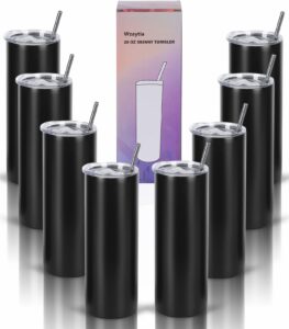 wzaytia 20 oz stainless steel straight skinny tumbler set (8 pack), insulated slim thin travel cup with lid, black