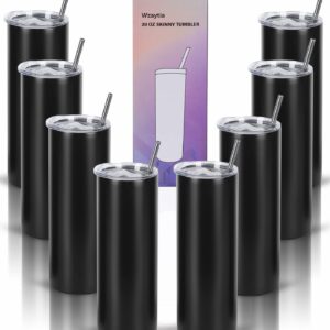 Wzaytia 20 Oz Stainless Steel Straight Skinny Tumbler Set (8 Pack), Insulated Slim Thin Travel Cup with Lid, Black