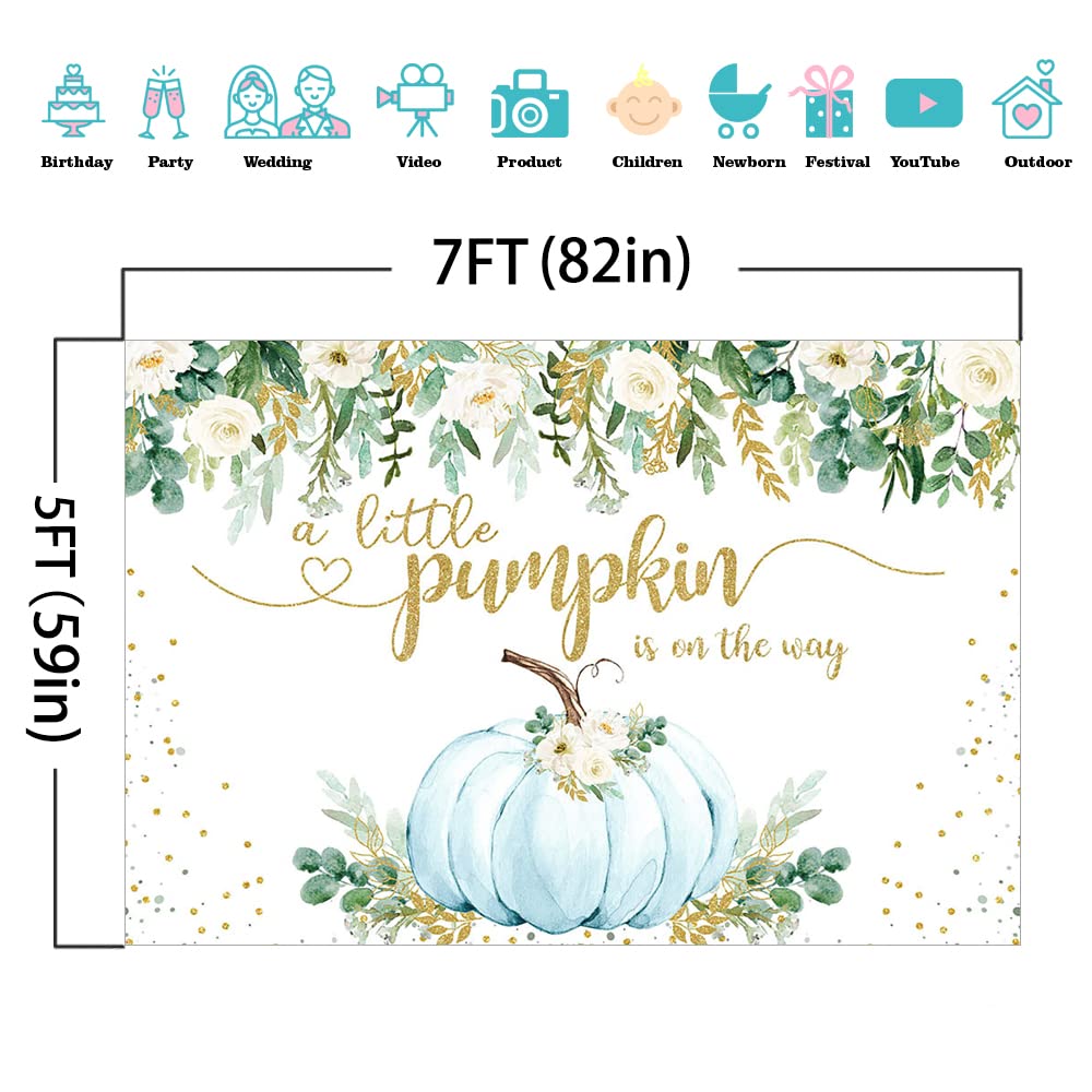 Mocsicka Boy Pumpkin Baby Shower Backdrop Greenery Blue Floral Fall Baby Shower Background A Little Pumpkin is On The Way Baby Shower Party Cake Table Decoration Banner Photo Booth Props (7x5ft)