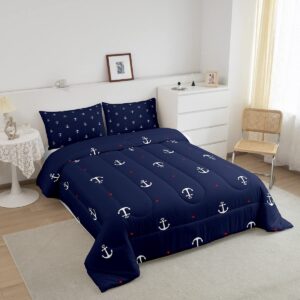 Anchor Comforter Set Full,Nautical Themed Bedding Set 3pcs for Kids Teens Boys Room Decor,Lovely Small Heart Bedding Comforter Navy Blue Microfiber Down Comforter with 2 Pillowcases