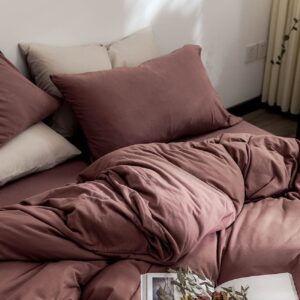 AMWAN Brick Red Duvet Cover Twin Knitted Cotton Solid Color Bedding Set Simple Style Jersey Knit Cotton Comforter Cover Solid Red Bedding Collection 1 Duvet Cover with 2 Pillowcases Twin