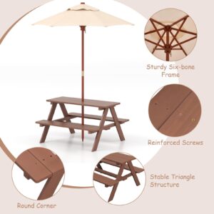 Olakids Kids Picnic Table, Outdoor Toddler Wooden Table and Chair Set with Removable Umbrella, Children Activity Furniture Bench Set for Patio Garden Backyard