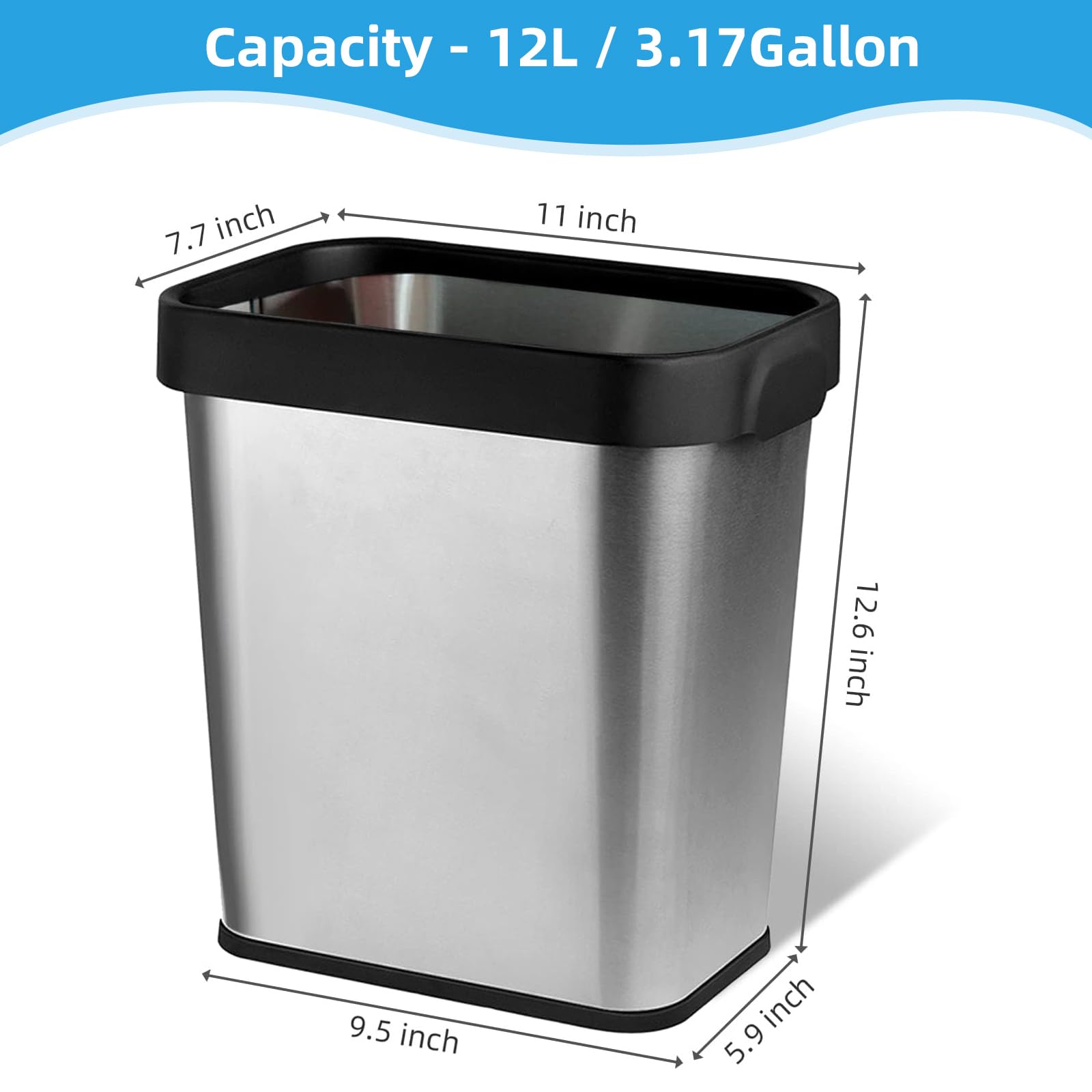 2 Pack Stainless Steel Trash Can 3 Gallon, Open Top Trash Can, 8" x 11" x 13", Rectangle Trash Can Kitchen - Slim and Narrow, Small Trash Can No Lid for Kitchen, Bathroom, Living Room, Office