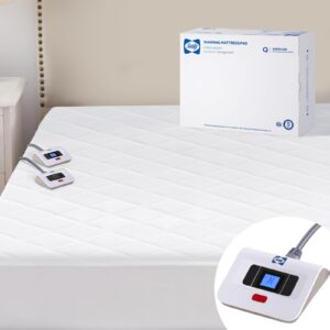 sealy 3m scotchgard heated mattress pad | quilted cotton electric bed warmer with 10 heat setting dual controller | 1-12 hours auto shut off | 17" deep all around elastic pocket, queen