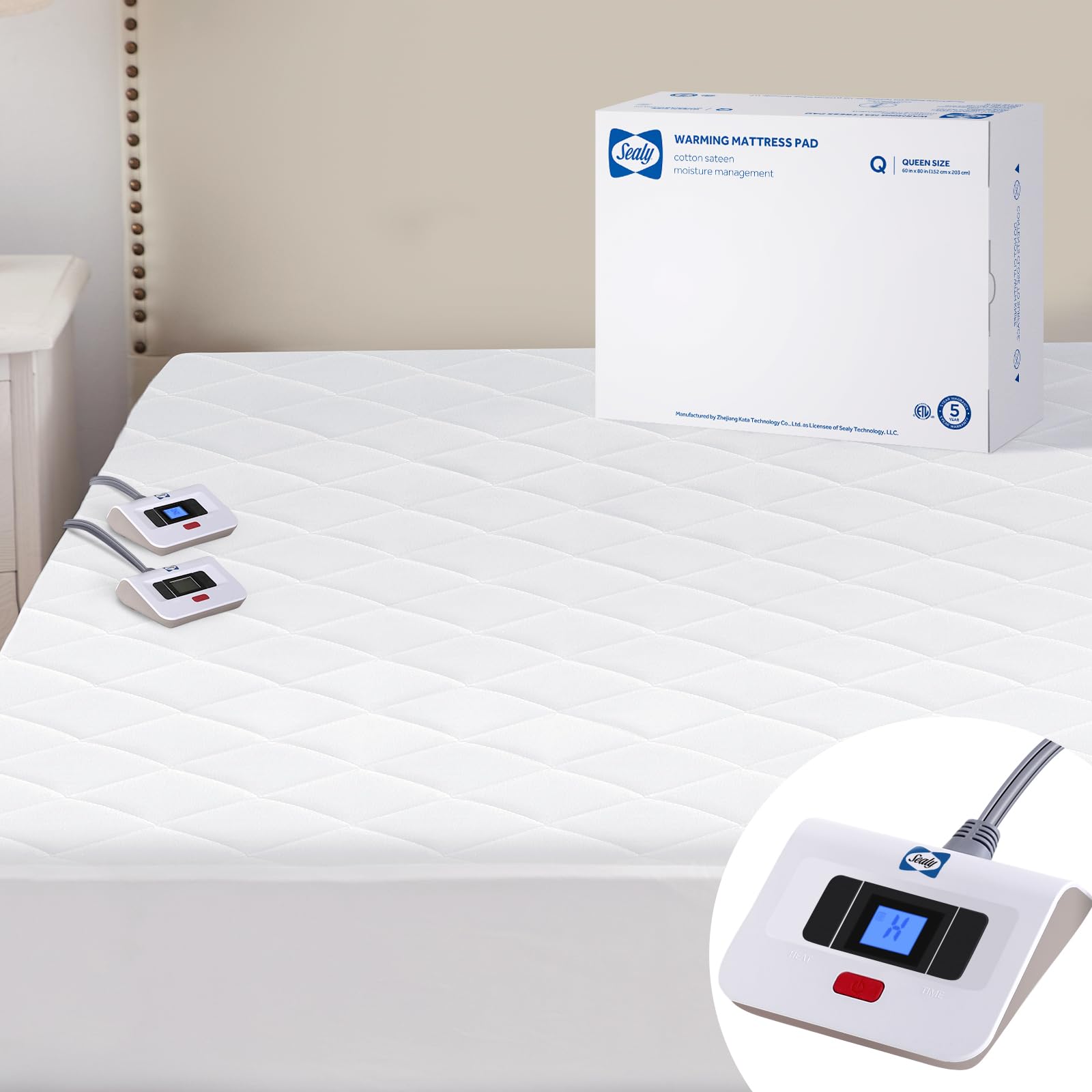 Sealy 3M Scotchgard Heated Mattress Pad | Quilted Cotton Electric Bed Warmer with 10 Heat Setting Dual Controller | 1-12 Hours Auto Shut Off | 17" Deep All Around Elastic Pocket, Queen