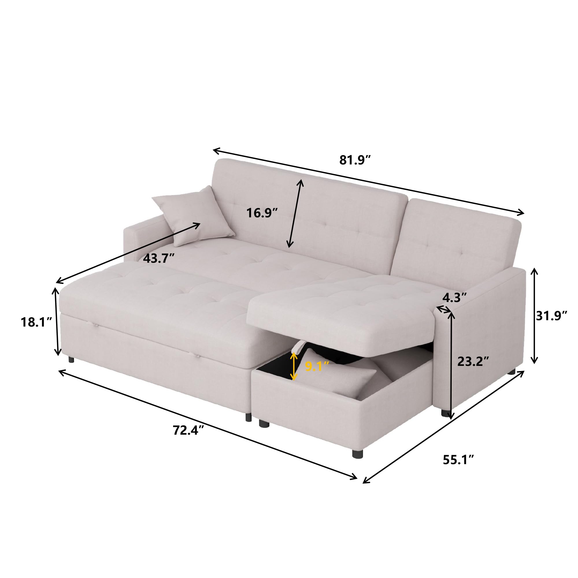 JACH Reversible Sectional Sleeper Sofa, 82'' Wide Pull-Out Sofa Bed with Storage, L-Shape Chaise, 3 in 1 Design Convertible Loveseat for Living Room Small Apartment (Light Gray) (7047)