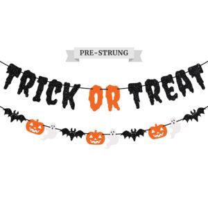 pre-strung trick or treat banner - no diy - black glitter halloween banner - pre-strung garland on 8 ft strand - pumpkins ghosts & bats halloween party decorations & decor. did we mention no diy?