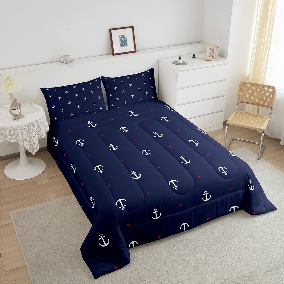 Anchor Comforter Set Full,Nautical Themed Bedding Set 3pcs for Kids Teens Boys Room Decor,Lovely Small Heart Bedding Comforter Navy Blue Microfiber Down Comforter with 2 Pillowcases