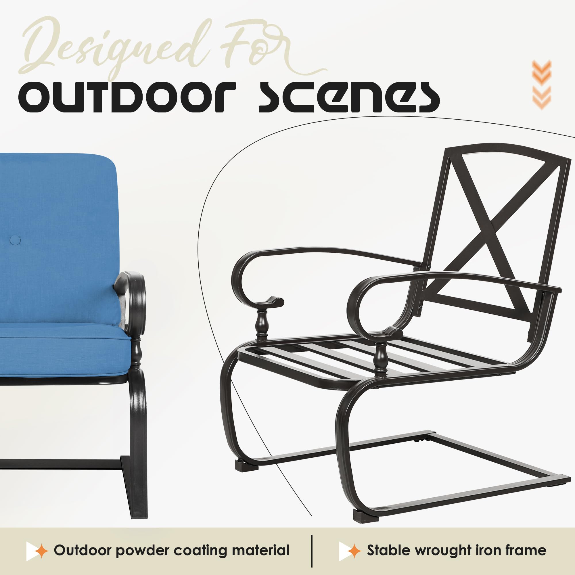 Patiomore 4Pcs Outdoor Furniture Patio Conversation Set, Glider Loveseat, 2 Spring Chairs with Coffee Table with Peacock Blue Cushion