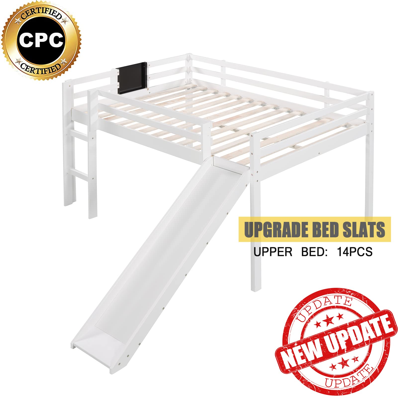 CITYLIGHT Full Size Loft Bed with Slide, Kids Low Loft Bed Frame with Chalkboard for Boys & Girls, Wood Full Slide Loft Bed with Under-Bed Space Storage (White, Full)