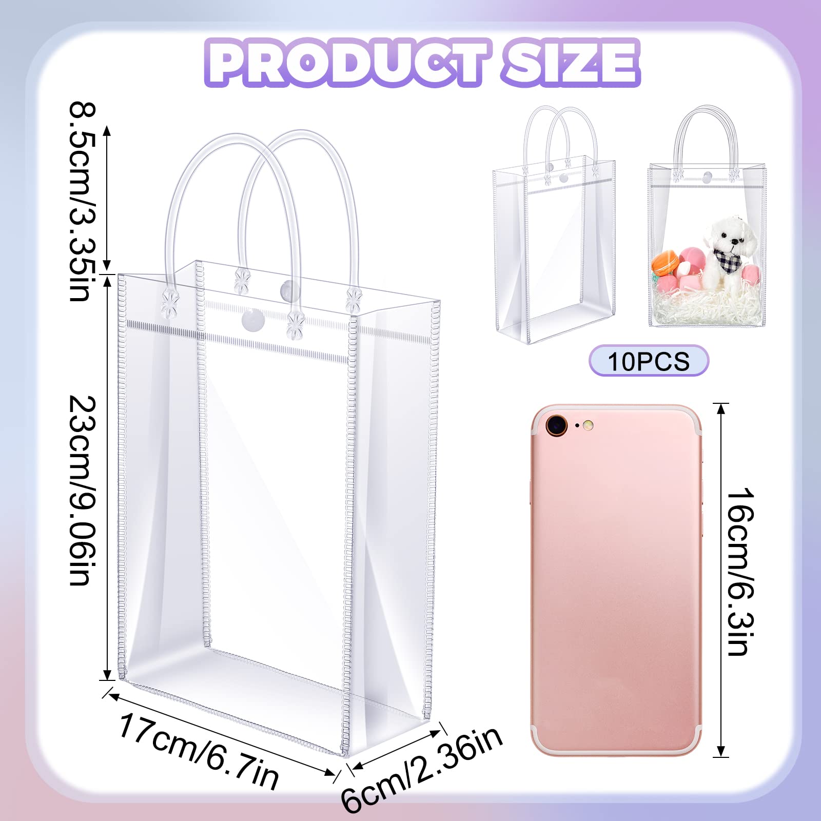 Clear PVC Gift Bags with Handles Reusable Plastic Wrap Tote Bags Transparent Shopping Bags for Christmas Party Favors Weddings Merchandise Retail Small Business, 9 x 6.7 x 2.6 Inches(100 Pieces)