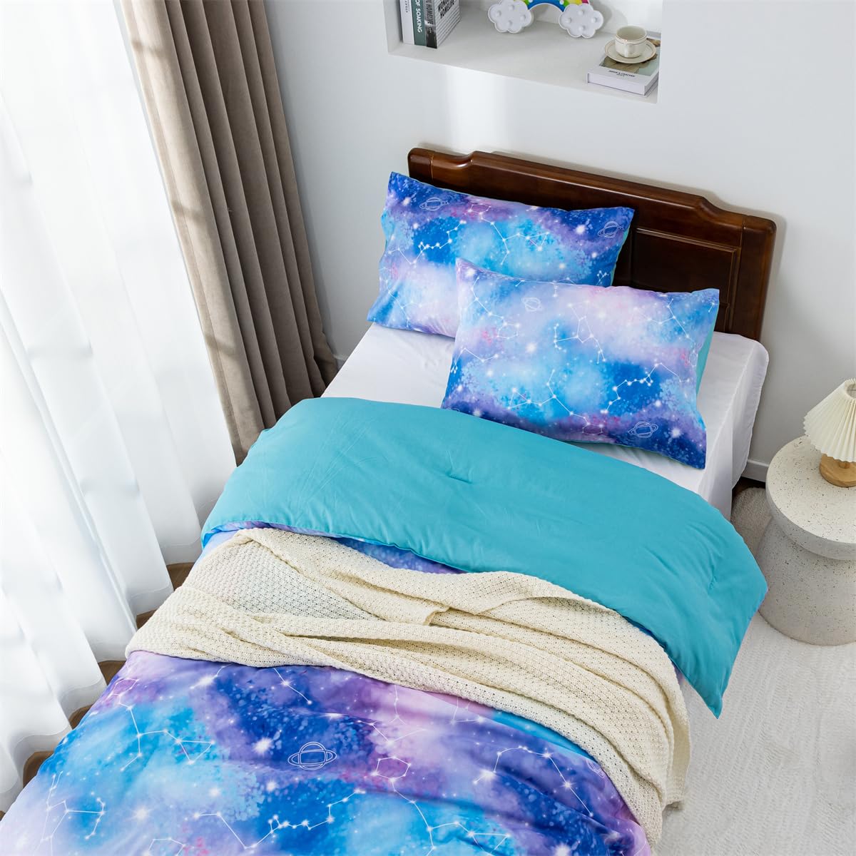 Holawakaka Tie Dye Galaxy Constellation Print Ombre Comforter Set Twin/Twin XL Size Girls Boys Dorm Gradient Space Stars Bedding Set (Blue Purple, Twin)