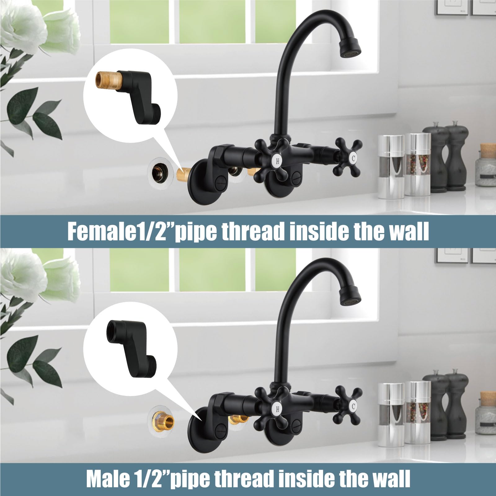 Aolemi Wall Mount Kitchen Faucet 6 Inch Center with Swivel Spout Adjustable Spread 2 Cross Handle Basin Sink Mixer Tap, Matte Black, H&C Label