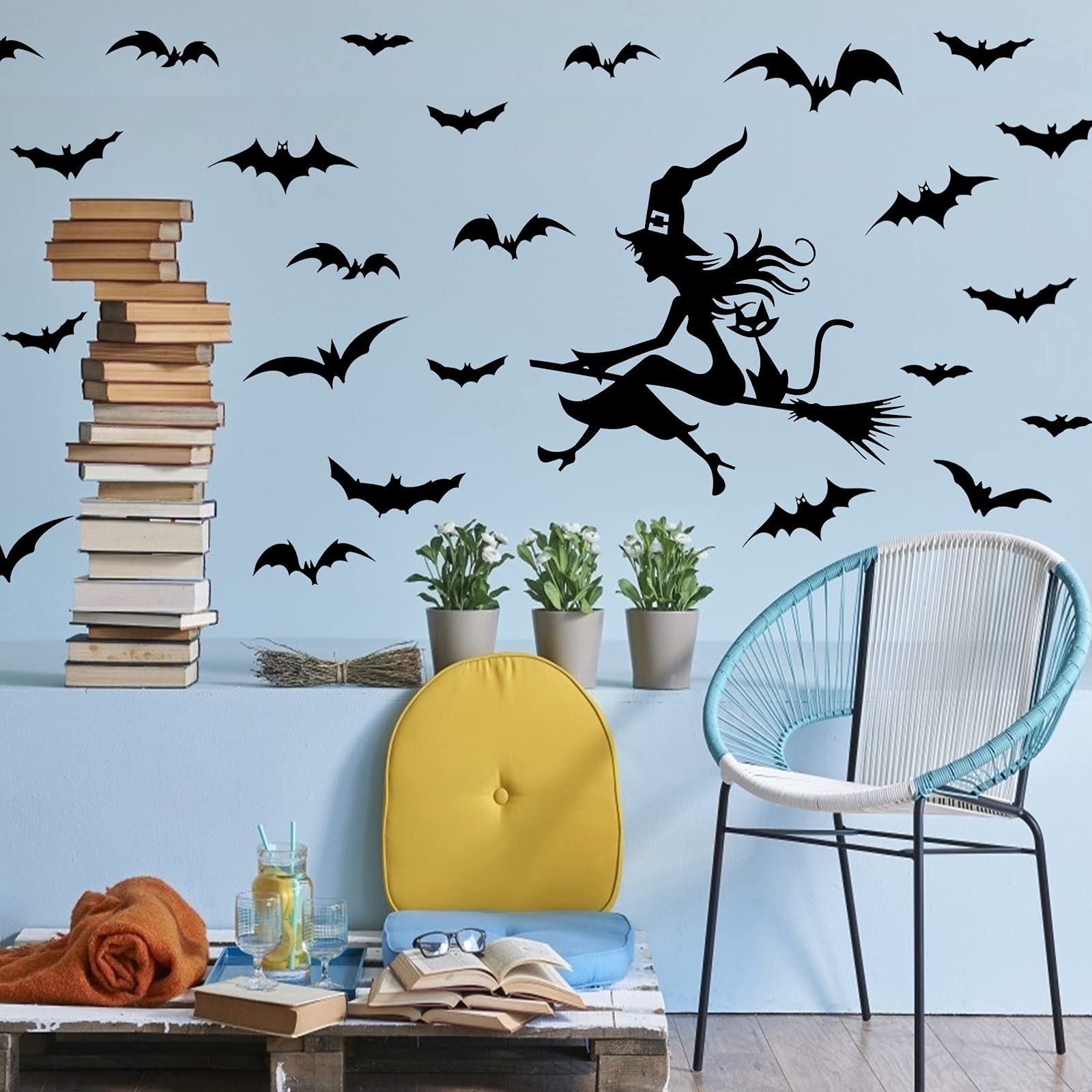 Lucleag 32 PCS Halloween Wall Stickers, Flying Witch on Broom Bats Wall Decals, Halloween Black Cat and Bat Decal Wall Stickers, Removable Vinyl Decal Stickers for Halloween Party Decoration