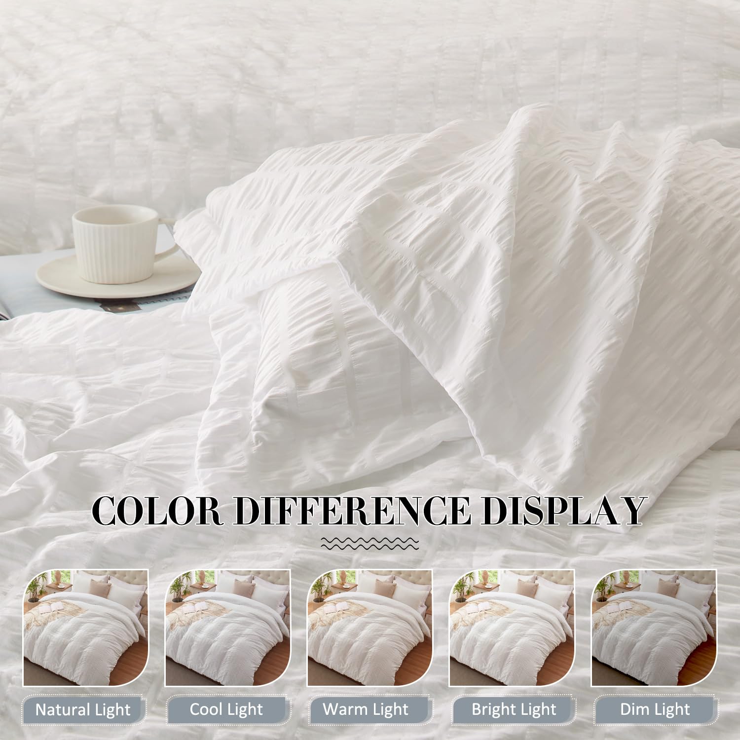 cozyide White Duvet Cover Queen Size, 3 Pieces Bedding Duvet Covers, Soft Breathable Seersucker Duvet Cover Set with Zipper Closure and Corner Ties (1 Duvet Cover 90"x90" + 2 Pillow Shams 20"x26")