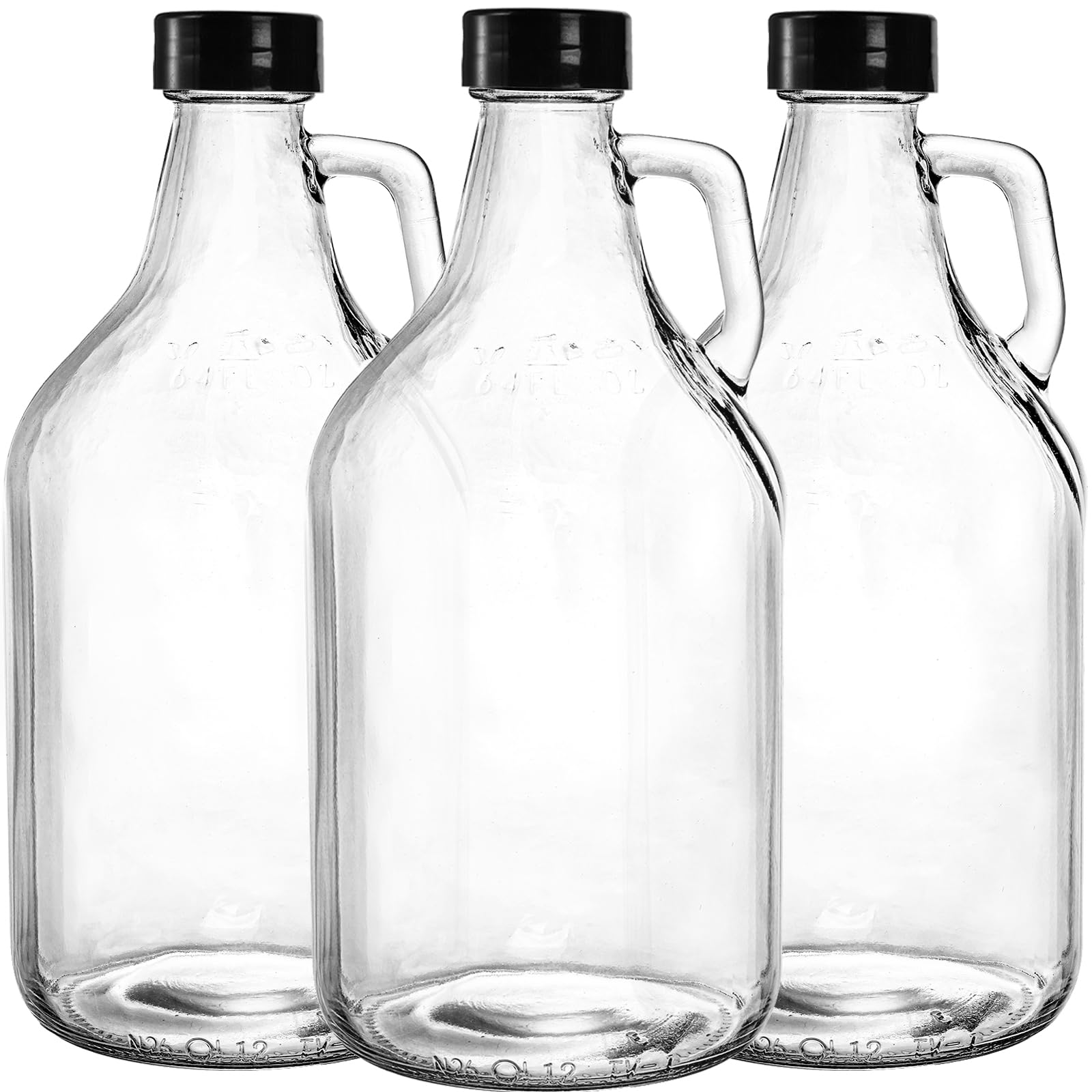 ZEAYEA 3 Pack Glass Growlers, 64 oz Clear Glass Jug, Half Gallon Jugs with Seal Cap and Handle for Beer, Home Brewing, Kombucha, Distilled Water