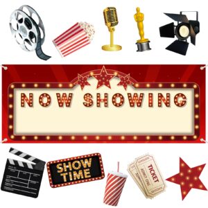 12 Pieces Movie Night Party Decorations Now Showing Banner Red Carpet Backdrop Movie Backdrop Double Sided Printing Red Carpet Cutouts Movie Party Cards Photo Booth Props Movie Night Party Supplies