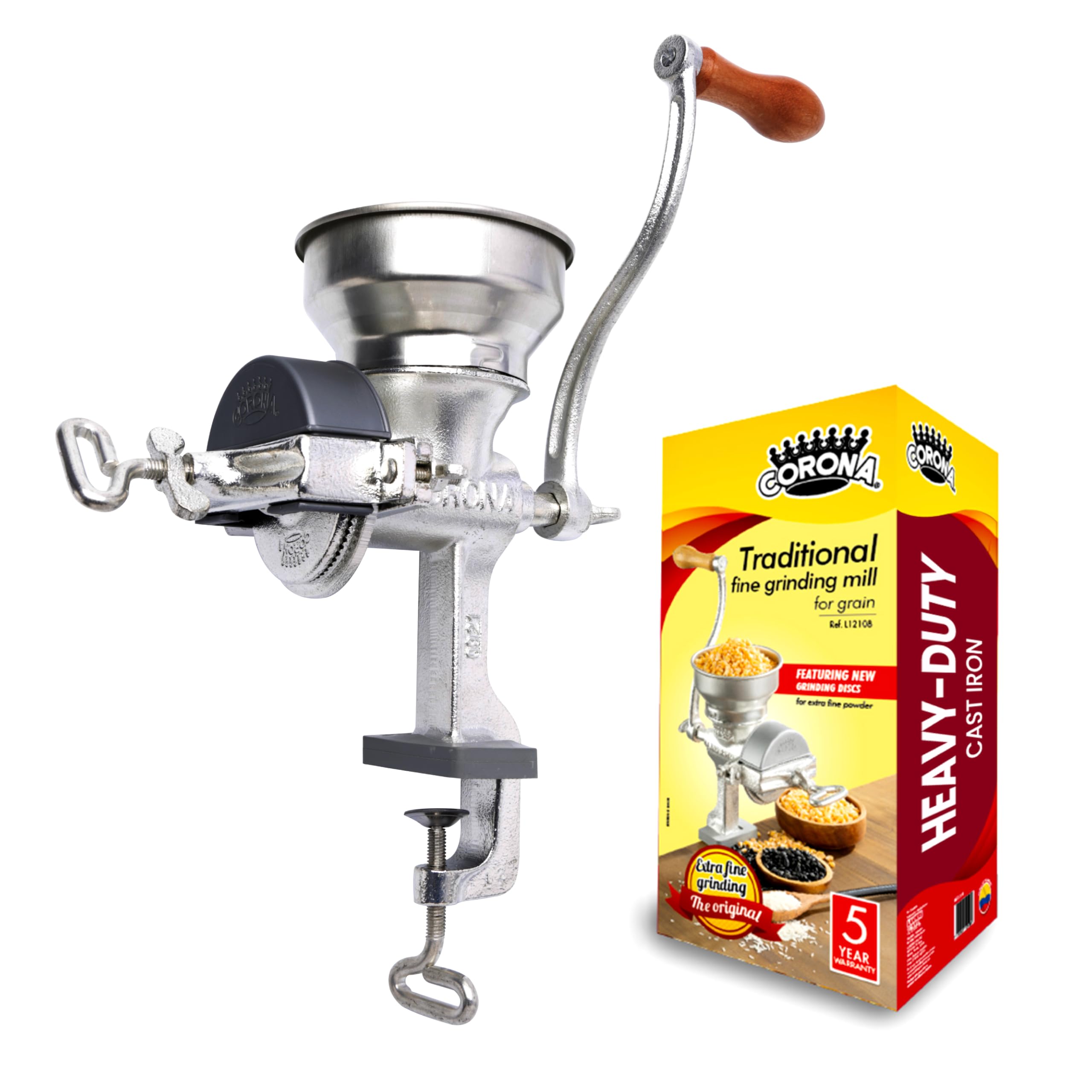 Corona Corn Grinder with Low Hopper, Grain Mill, Manual Grinder For Corn, Rice, Soybeans, Pepper, Chickpeas, Cast Iron Wheat Grinder For Domestic Use