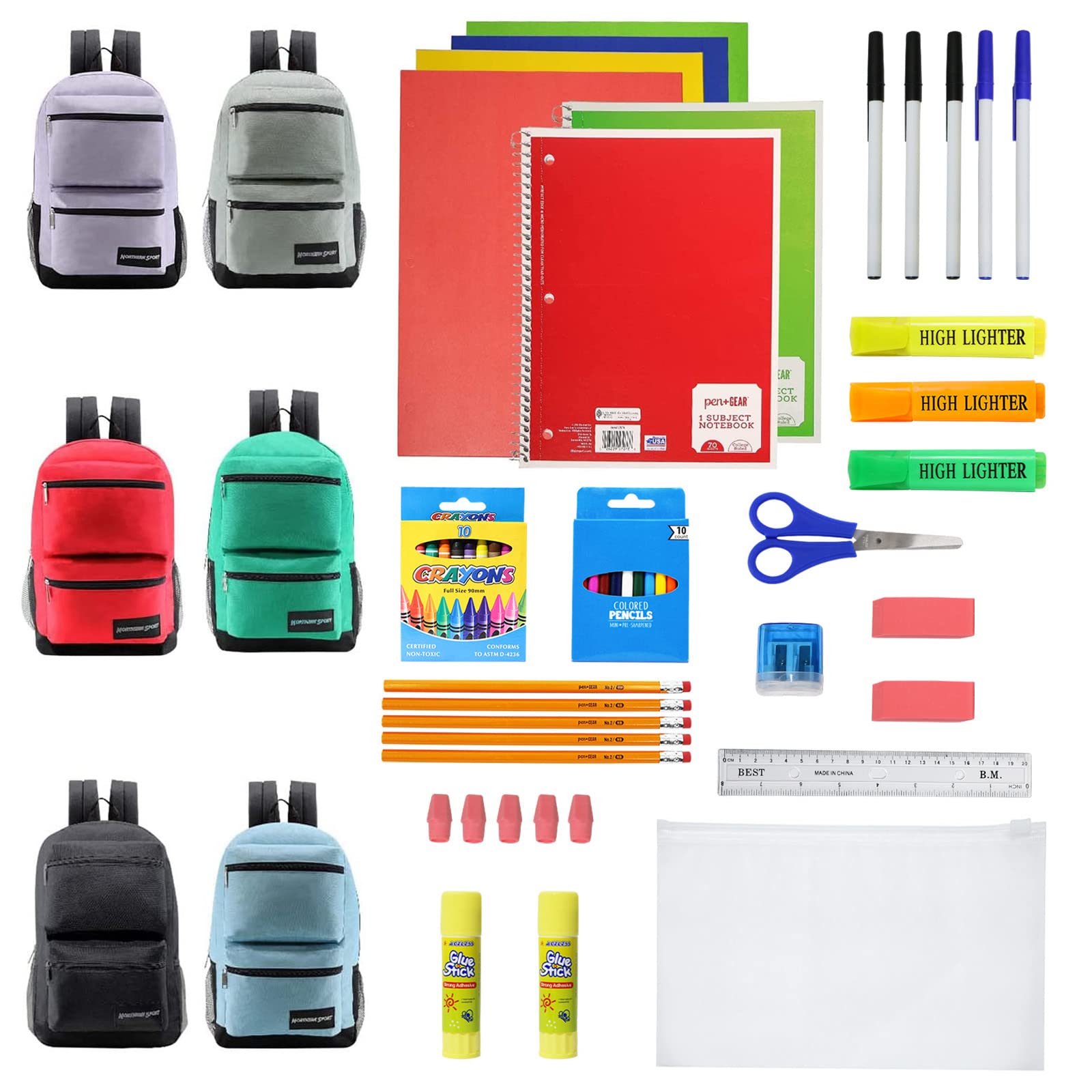 6-Pack 17” Backpacks with 52 Piece School Supplies Kits - Pens, Pencils, Crayons – Bulk Bundle for Elementary, Middle, and High School Students, 6 Assorted Styles