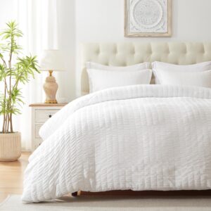 cozyide White Duvet Cover Queen Size, 3 Pieces Bedding Duvet Covers, Soft Breathable Seersucker Duvet Cover Set with Zipper Closure and Corner Ties (1 Duvet Cover 90"x90" + 2 Pillow Shams 20"x26")