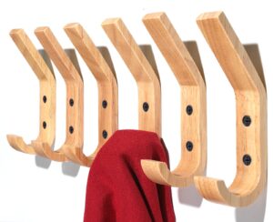 hnyyzl wooden wall hooks, 6 pack wood hooks wall mounted, modern coat hooks, heavy duty double hooks with metal black screws, wood wall hooks organizer for hanging coat, hat, scarf, bag, towel