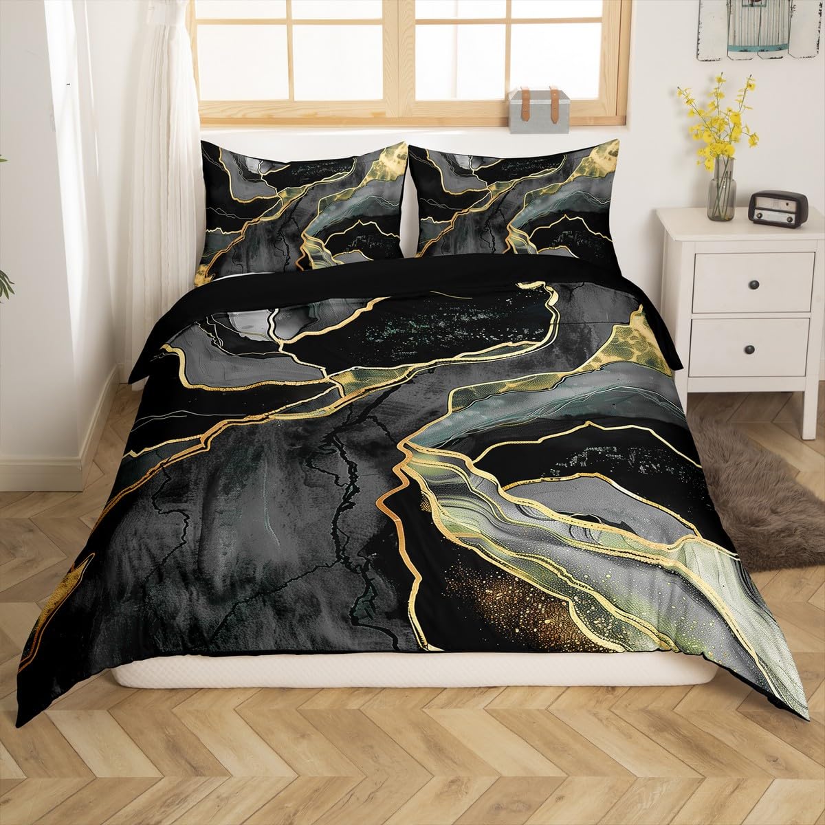 Black Marble Bedding Set Full Size,Black And Grey Marble Duvet Cover,Men Women Teens Boys Modern Gray Gold Abstract Art Tie Dye Comforter Cover,Gothic White Gold Bling Soft Durable Marble Quilt Cover