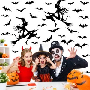 Lucleag 32 PCS Halloween Wall Stickers, Flying Witch on Broom Bats Wall Decals, Halloween Black Cat and Bat Decal Wall Stickers, Removable Vinyl Decal Stickers for Halloween Party Decoration