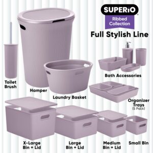 Superio Ribbed Collection - Decorative Plastic Lidded Home Storage Bins Organizer Baskets, X-Large Lilac Purple (2 Pack - 22 Liter) Stackable Container Box, for Organizing Closet Shelves Drawer Shelf