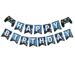 video game happy birthday banner (blue) gaming theme party happy birthday for boys children player game theme party decoration