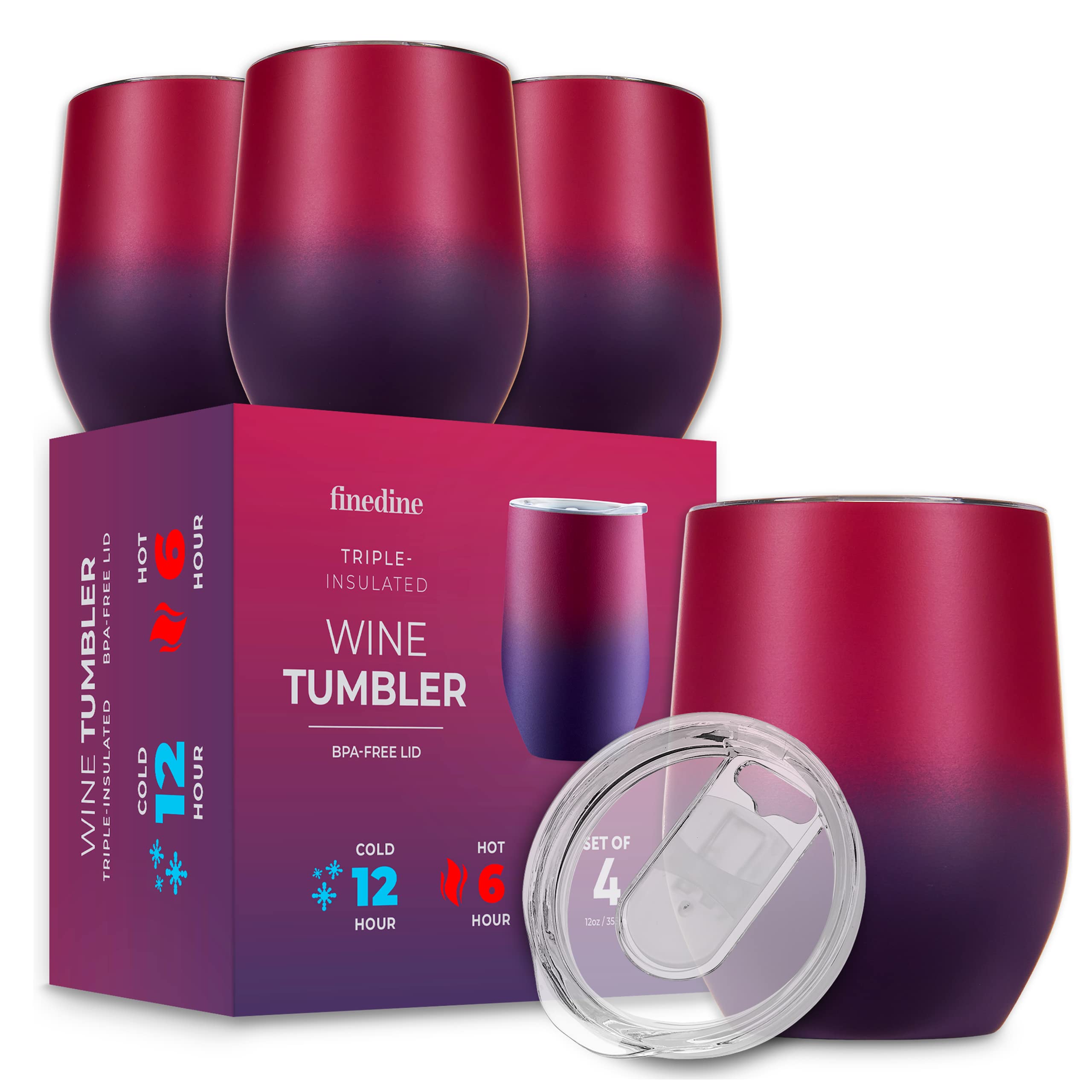 FineDine Triple Insulated Wine Tumbler With Lid (4 Pack) 12oz Stainless Steel Set- Tumblers Keep Drinks Hot & Cold for Outdoors, Beach, Picnics- Unbreakable Glasses With BPA Free Lids (Purple Print)