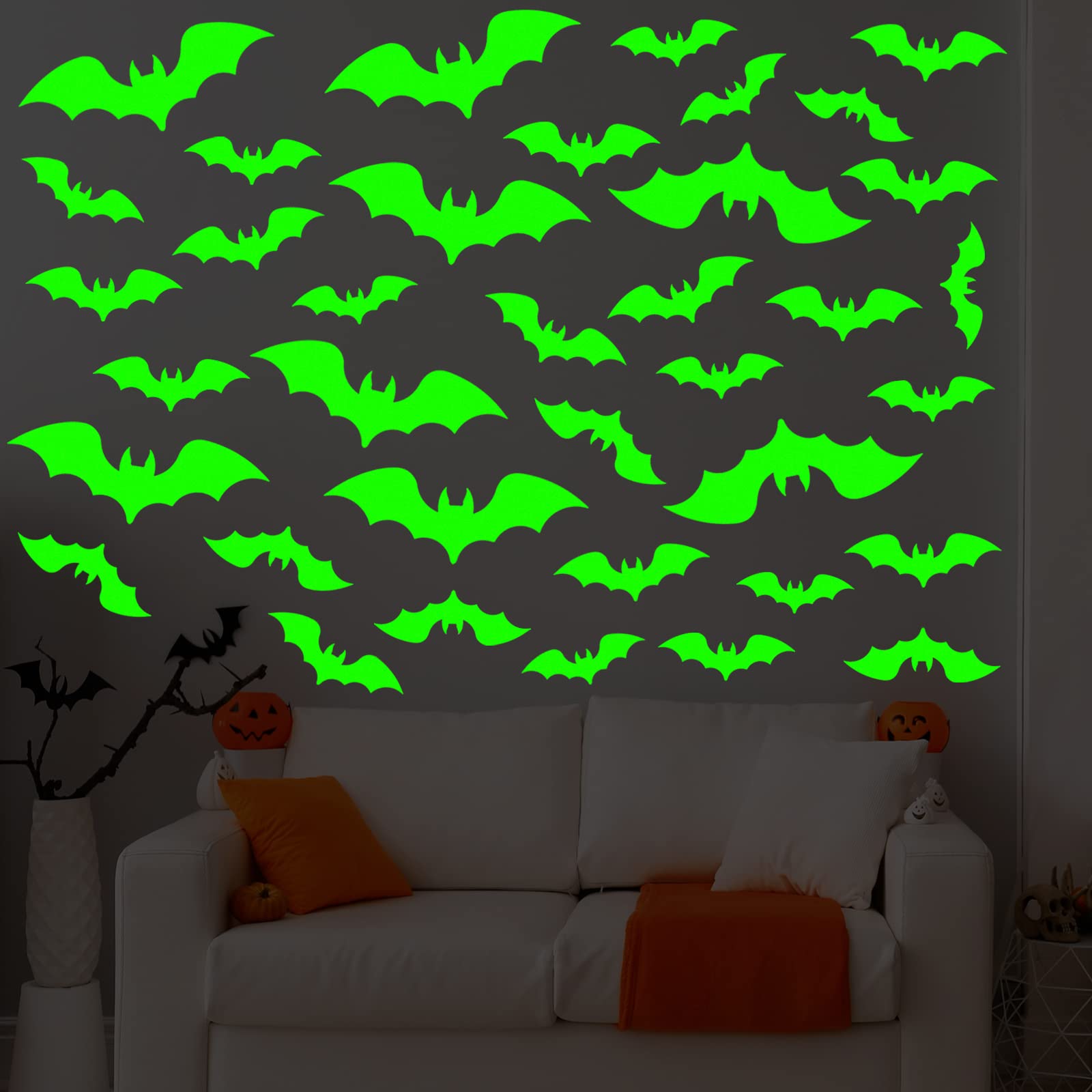 89 Pieces Halloween Luminous Stickers Glow in The Dark Window Decals Night Glow Decals Bat Wall Stickers Adhesive Moon Peeping Eyes Ceiling Stickers for Halloween Party(Bat Style)