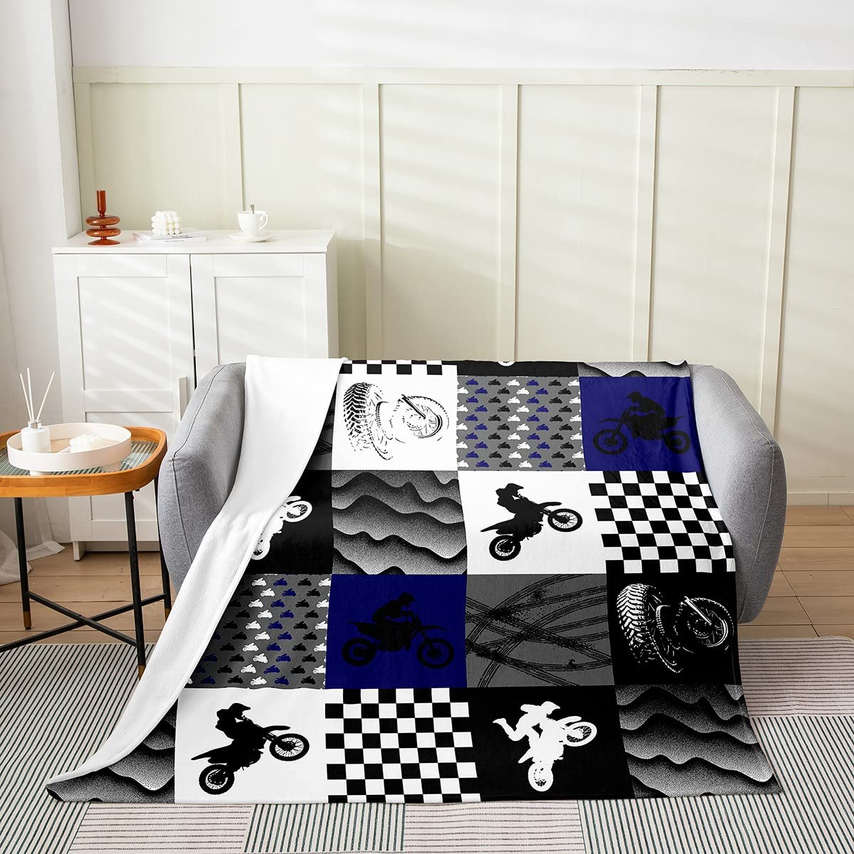 Erosebridal Dirt Bike Throw Blanket for Kids Boys Teens,Grunge Bike Track Fleece Blanket Throw Size,Youth Motocross Flannel Blanket Living Room Decor,Black White Grid Patchwork Fuzzy Blanket Warm