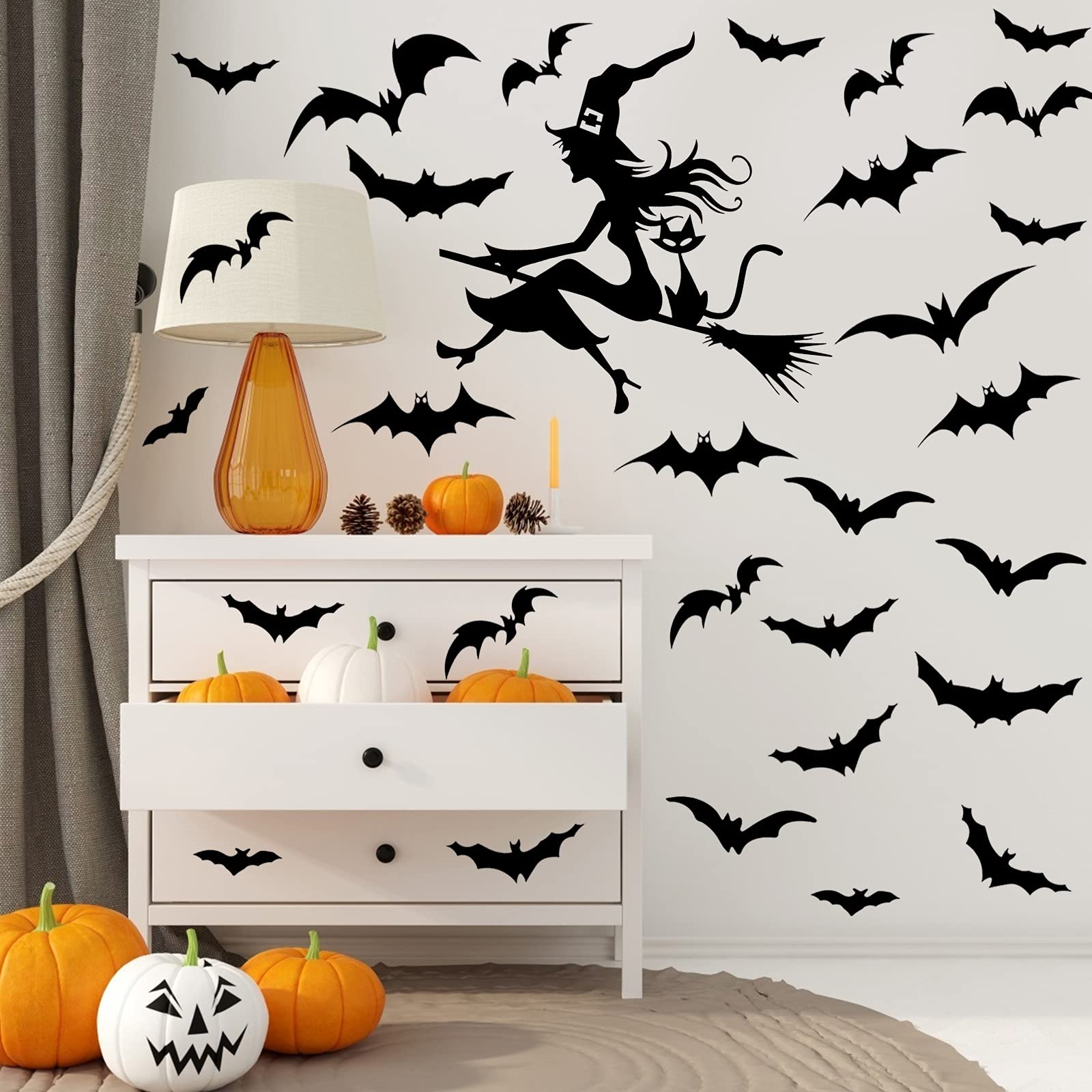 Lucleag 32 PCS Halloween Wall Stickers, Flying Witch on Broom Bats Wall Decals, Halloween Black Cat and Bat Decal Wall Stickers, Removable Vinyl Decal Stickers for Halloween Party Decoration