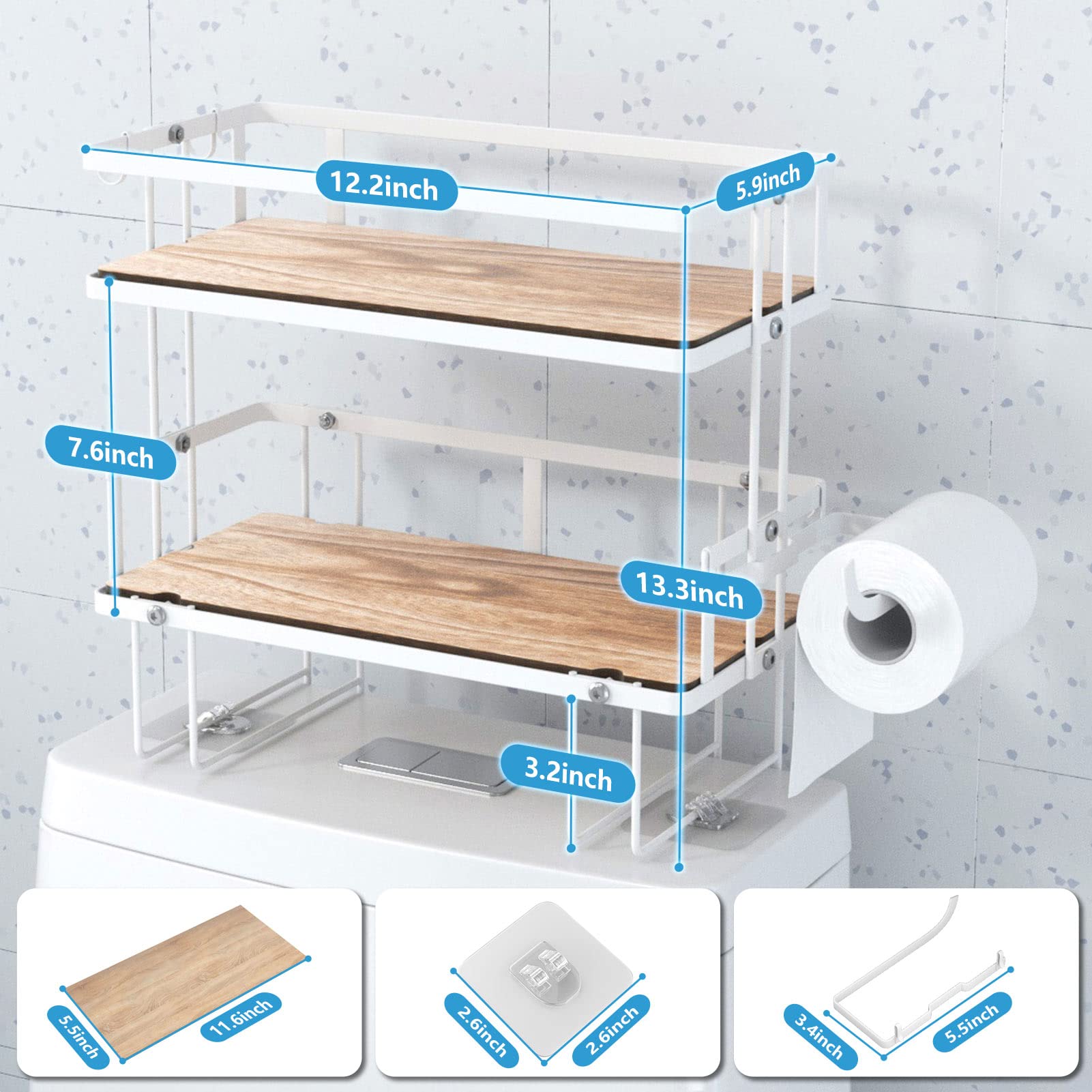 Lorbro Over The Toilet Storage, Over Toilet Shelf Organizer with Wooden Bottom Plate & Adhesive Base, 2-Tier Over Toilet Bathroom Organizer for Paper Towels Holder Shampoos, White