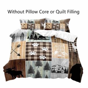 VIVIHOME 3PCS Black Bear Moose Deer Duvet Cover, King Bedding Set, Vintage Brown Plaid Country Farmhouse Rustic Bedding, Forest Animal Wildlife Hunting Cabin Lodge Quilt Comforter Cover, 2 Pillowcases