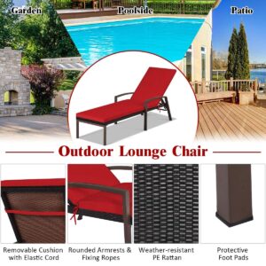 DORTALA Set of 2 Patio Chaise Lounge, Outdoor Wicker Rattan Chaise with Adjustable Backrest and Armrest for Beach Pool Yard, Rattan Sun Lounger with Padded Cushion, Red