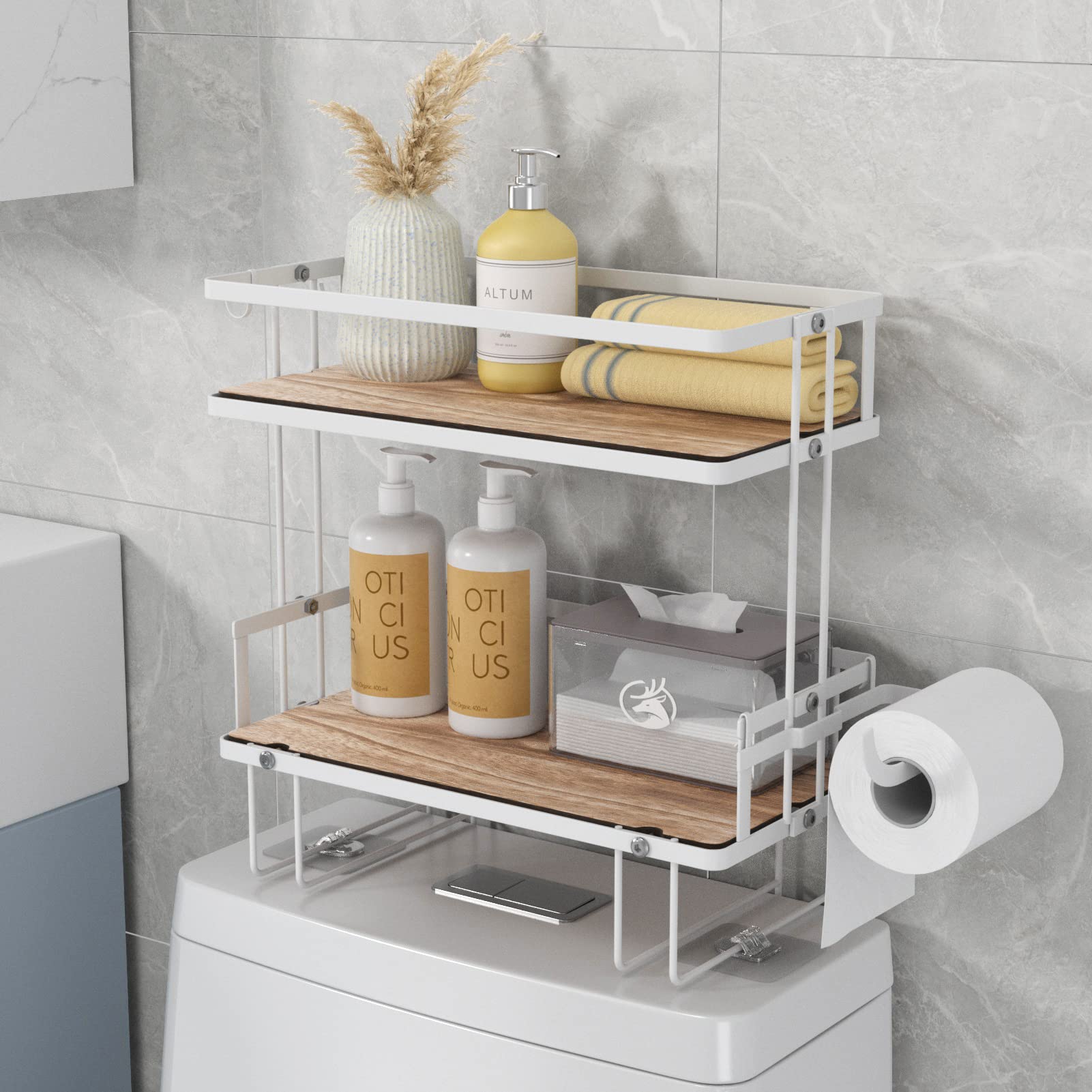 Lorbro Over The Toilet Storage, Over Toilet Shelf Organizer with Wooden Bottom Plate & Adhesive Base, 2-Tier Over Toilet Bathroom Organizer for Paper Towels Holder Shampoos, White