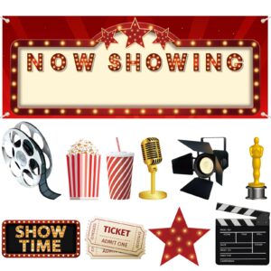 12 Pieces Movie Night Party Decorations Now Showing Banner Red Carpet Backdrop Movie Backdrop Double Sided Printing Red Carpet Cutouts Movie Party Cards Photo Booth Props Movie Night Party Supplies