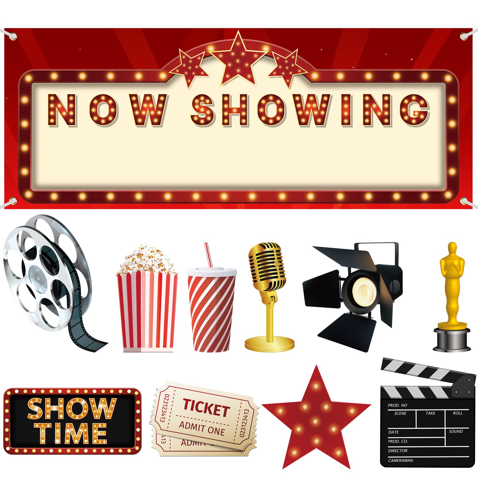 12 Pieces Movie Night Party Decorations Now Showing Banner Red Carpet Backdrop Movie Backdrop Double Sided Printing Red Carpet Cutouts Movie Party Cards Photo Booth Props Movie Night Party Supplies