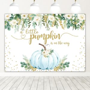 mocsicka boy pumpkin baby shower backdrop greenery blue floral fall baby shower background a little pumpkin is on the way baby shower party cake table decoration banner photo booth props (7x5ft)