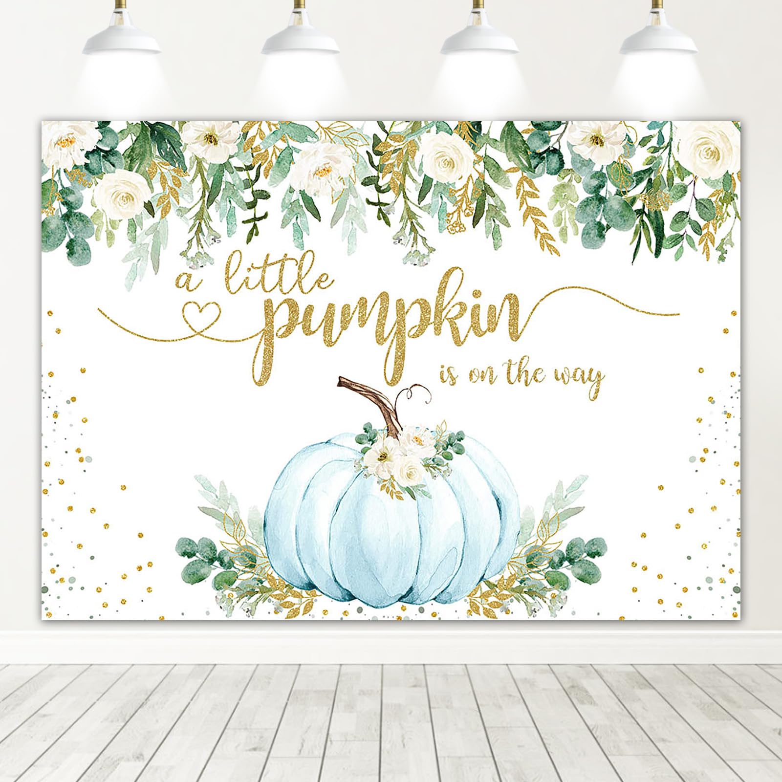 Mocsicka Boy Pumpkin Baby Shower Backdrop Greenery Blue Floral Fall Baby Shower Background A Little Pumpkin is On The Way Baby Shower Party Cake Table Decoration Banner Photo Booth Props (7x5ft)