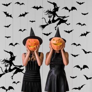 Lucleag 32 PCS Halloween Wall Stickers, Flying Witch on Broom Bats Wall Decals, Halloween Black Cat and Bat Decal Wall Stickers, Removable Vinyl Decal Stickers for Halloween Party Decoration