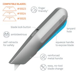 Slice 10494, Squeeze Knife Box Cutter, Ceramic Blade, Finger Friendly, Lasts 11x as Long, Safety Lock Switch, Metal Handle, Blade Smartly Retracts While Cutting, 6 Pack