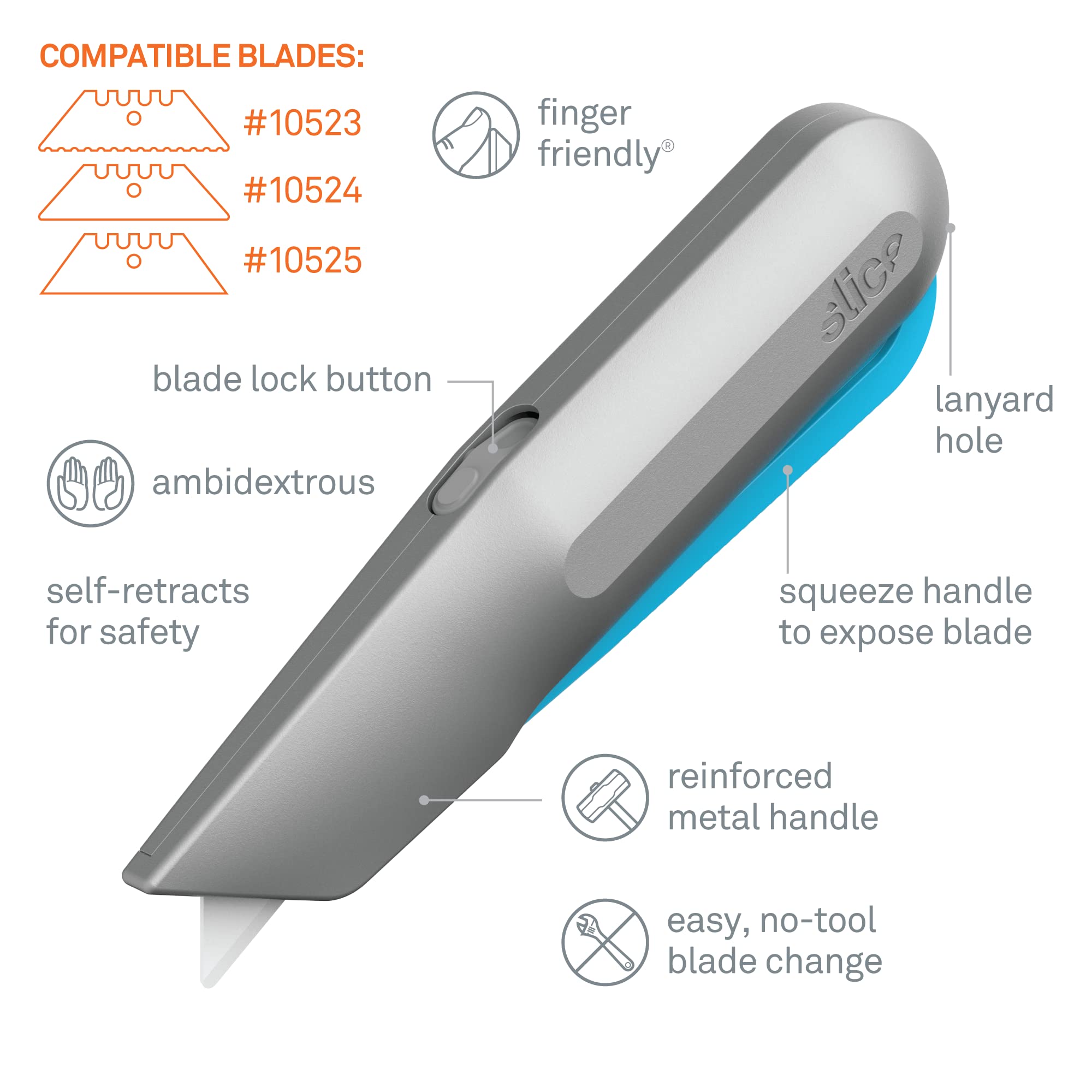 Slice 10494, Squeeze Knife Box Cutter, Ceramic Blade, Finger Friendly, Lasts 11x as Long, Safety Lock Switch, Metal Handle, Blade Smartly Retracts While Cutting, 6 Pack