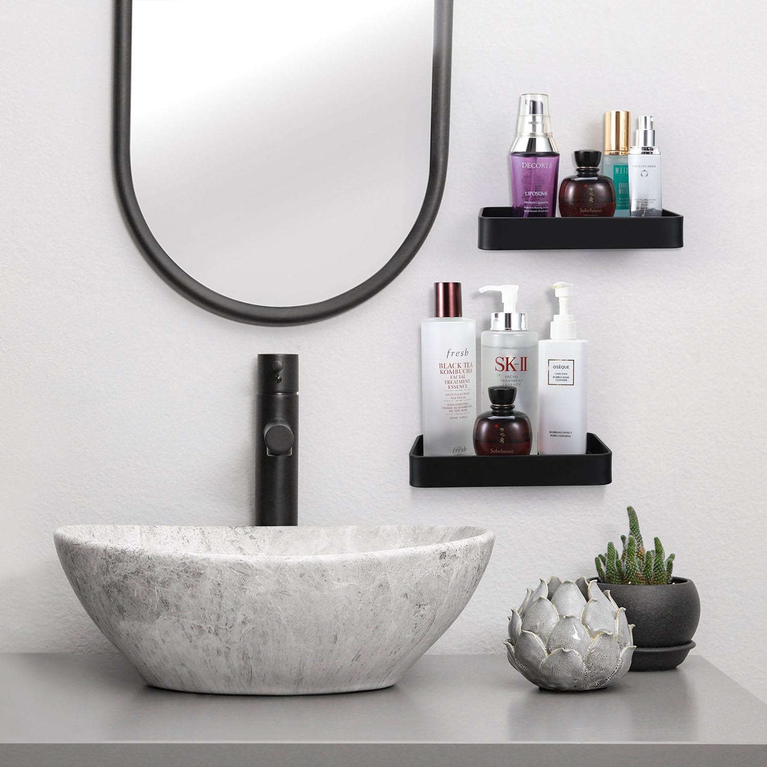 Z metnal Small Glass Bathroom Shelves, Matte Black Bathroom Floating Shelf, Mini Wall Shelf for Bathroom Organizer, Wall Mounted (Clear Glass, 8 inch/20cm)