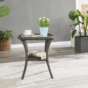 HUMMUH Patio Wicker Side Table Outdoor, Rattan End Table Glass Top Coffee Table with Storage Grey