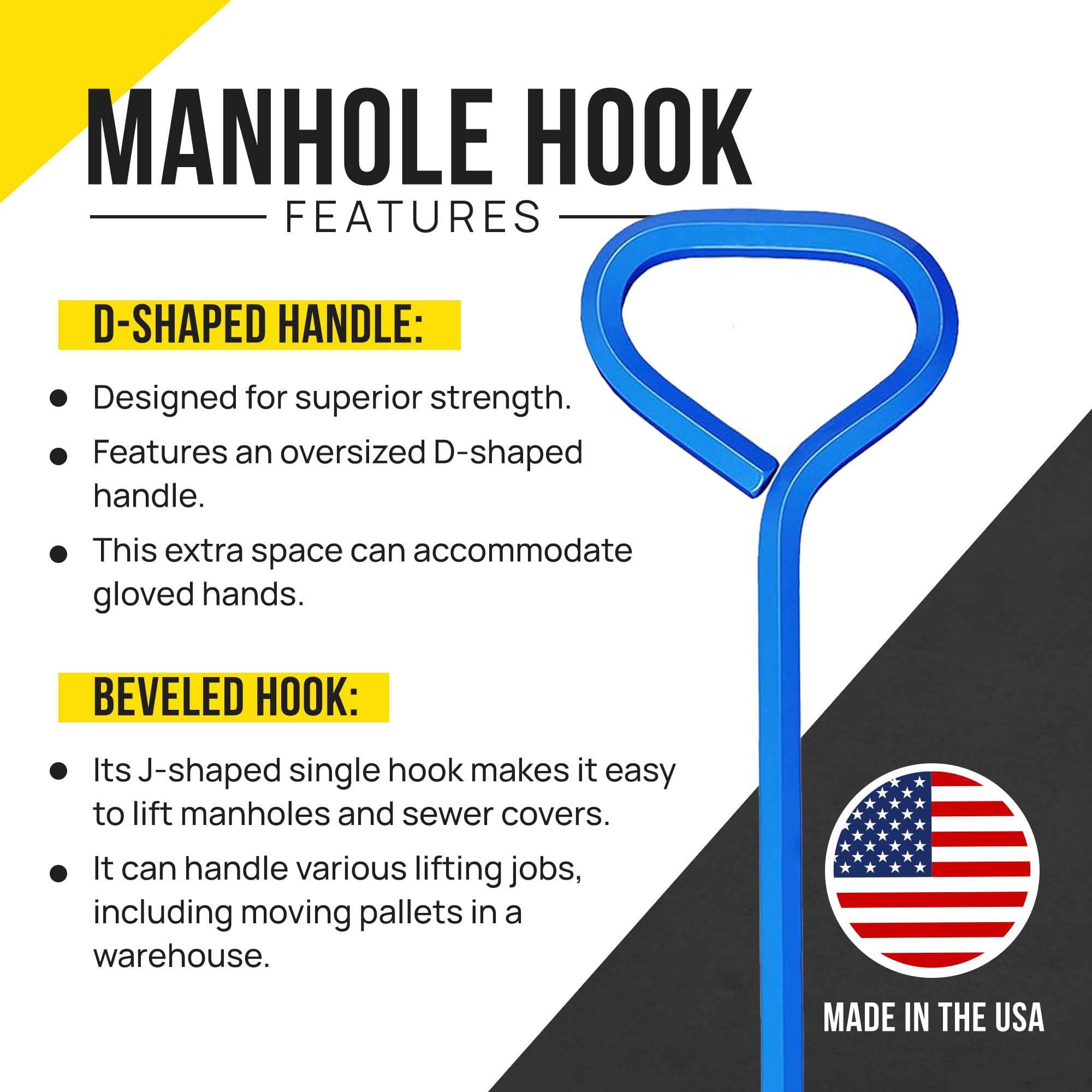 T&T Tools Original Manhole Hook Tool - 4 Pack - 36-Inch Single Hook Made with Durable Hex Alloy Steel - Lift Manhole Covers & Storm Drain Cover, Versatile Lifting Hooks, Rigid Steel Tool Hook