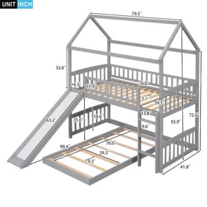 Harper & Bright Designs Twin Over Twin Bunk Bed with Slide, House Bunk Bed with Slide, Playhouse Bed for Toddlers Kids Girls Boys - Gray